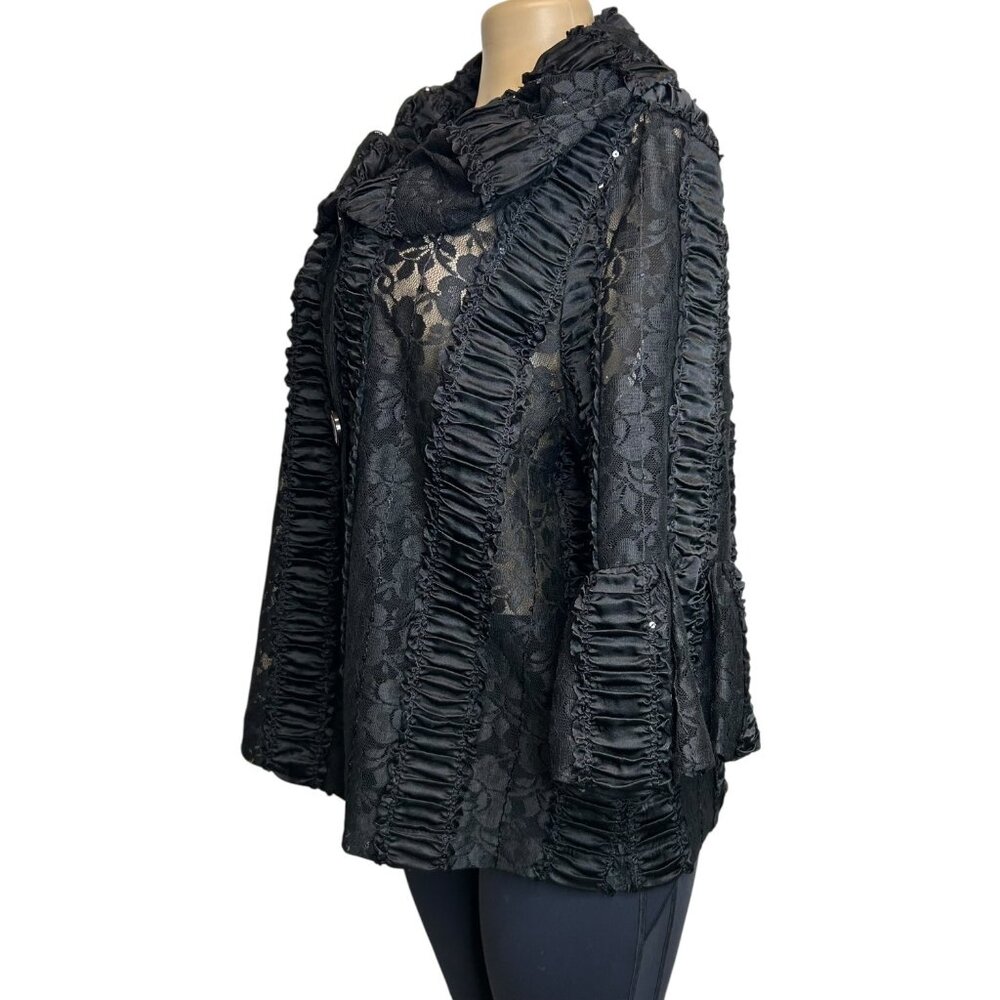 DG-87 Emerald Women's 2X Black Lace Ruffle Jacket With Floral Pattern & Button - Picture 2 of 4
